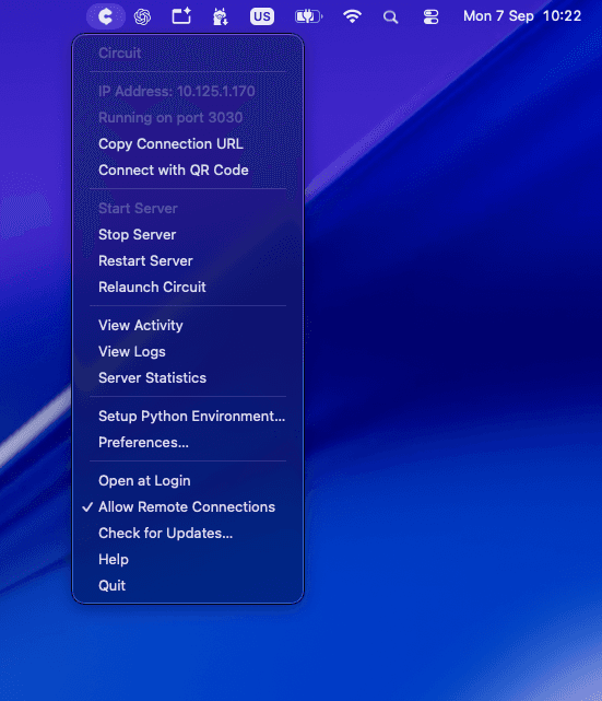 Circuit running in the Mac menu bar, its panel open