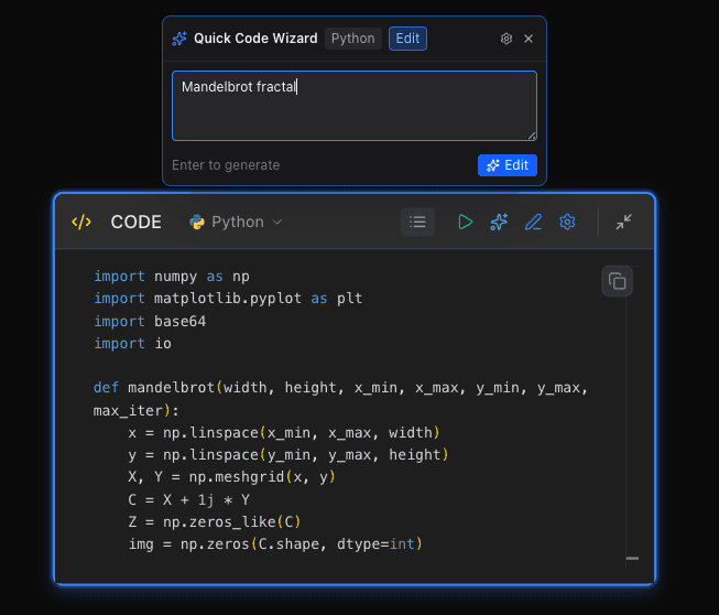 The Quick Code Wizard on a Python code node, with the prompt “Mandelbrot fractal” typed in and generated Python beneath it