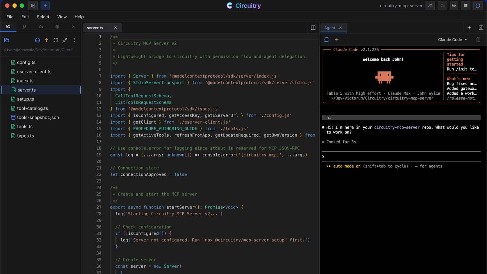 A TypeScript file open in the Circuitry IDE with the project tree on the left and a command-line coding agent running in the panel on the right