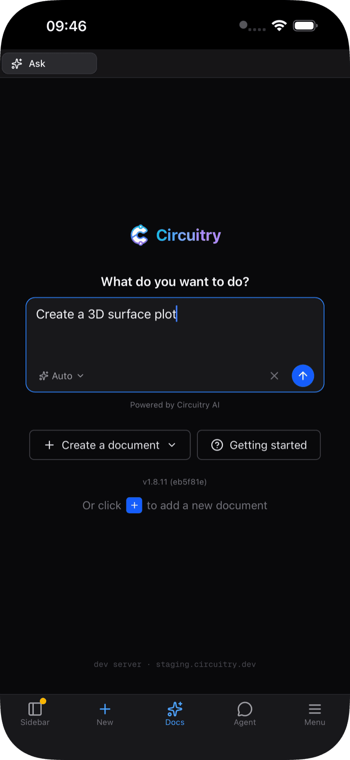 Circuitry on iPhone, the Ask tab, with “Create a 3D surface plot” typed into the box