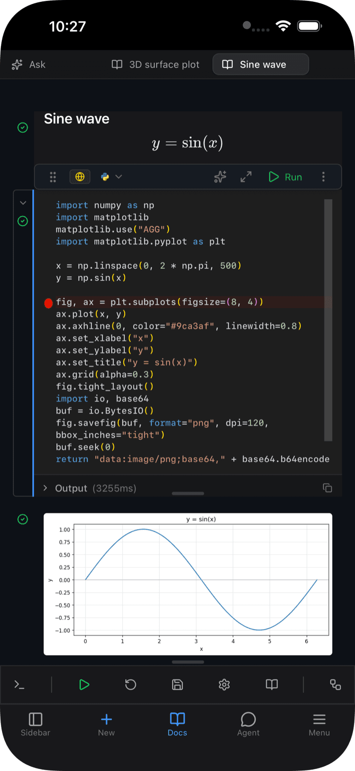 Circuitry on iPhone: a notebook cell stopped on a red breakpoint, with the sine wave it plotted below