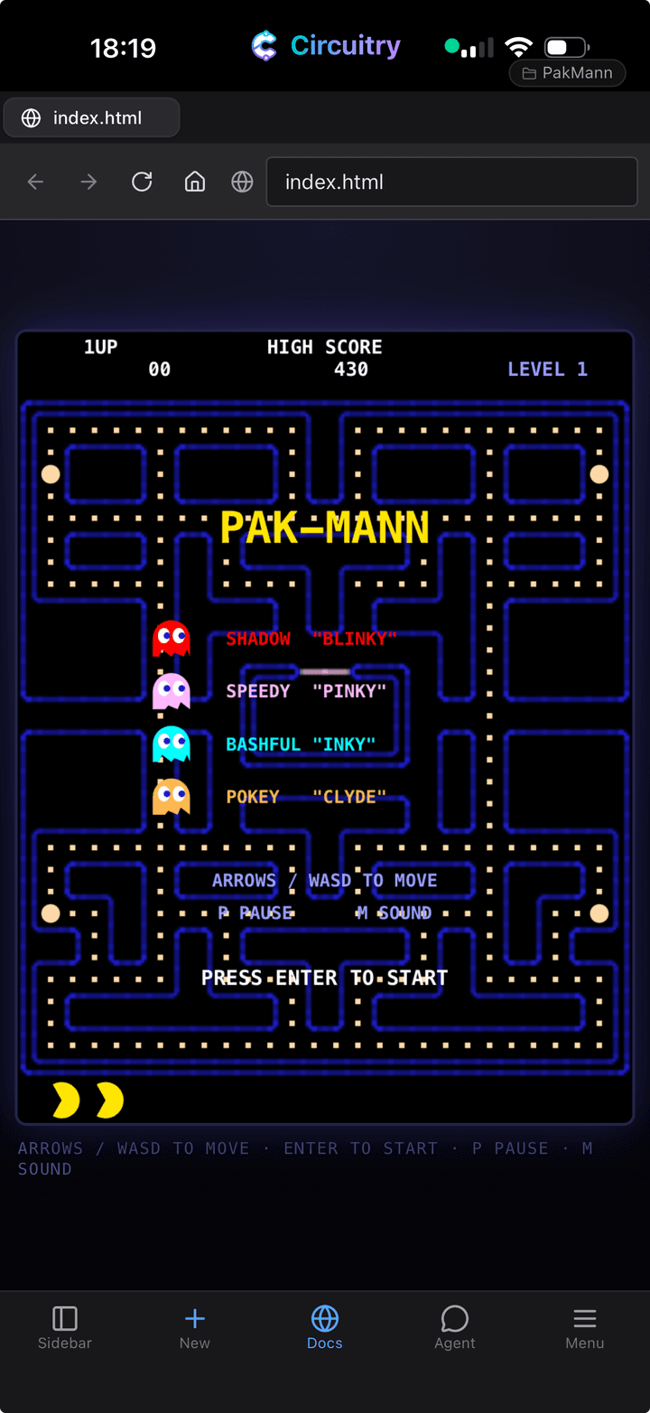 A game the coding agent wrote from a single prompt, running in Circuitry’s browser on iPhone