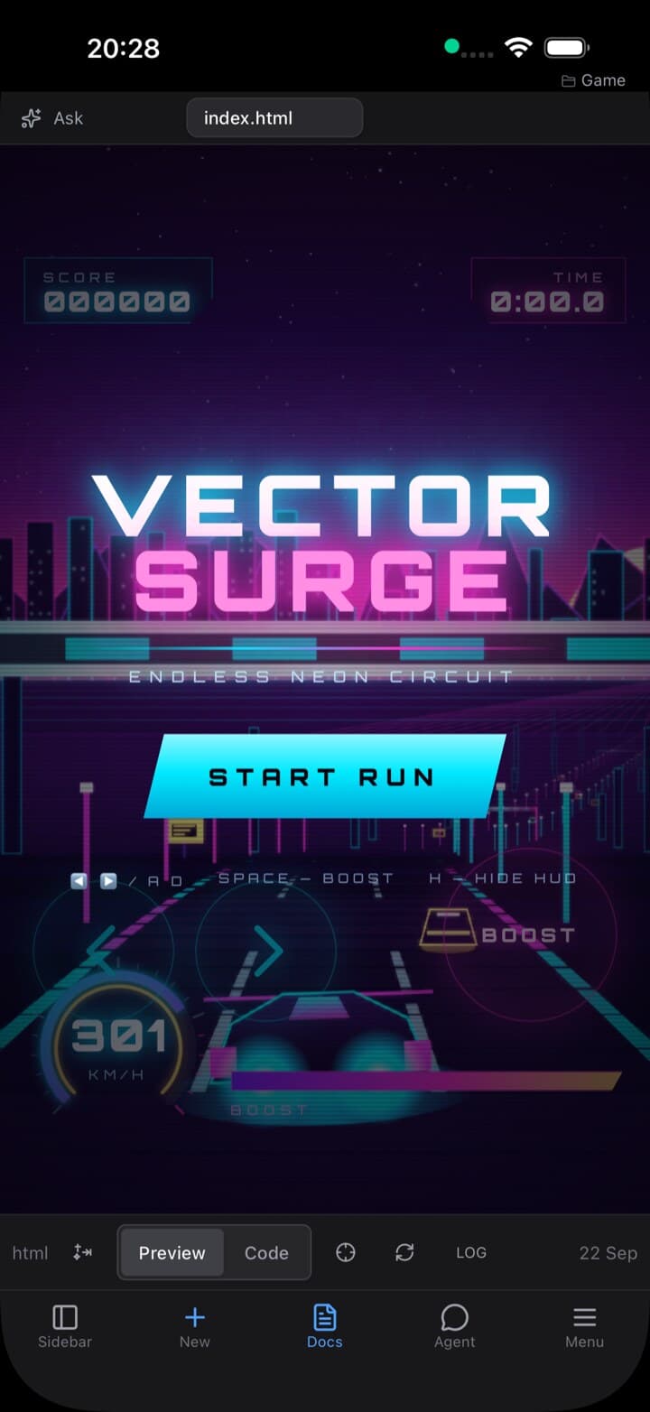 Circuitry on iPhone: a neon racing game the agent built, running in the HTML editor’s preview