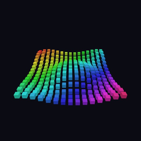 Wave Grid: 225 rainbow cubes rippling out from the centre, like water.