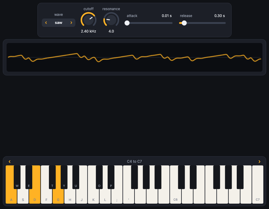 A synth panel: a select, two dials and two sliders in a row, a scope showing the wave, and a piano keyboard with three keys held