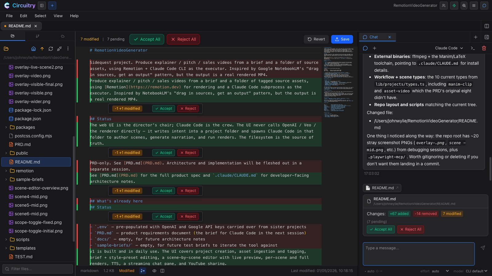 The coding agent's edits as reviewable diff hunks — per-change Accept and Reject buttons in the editor, the review bar counting pending changes, and the agent chat alongside