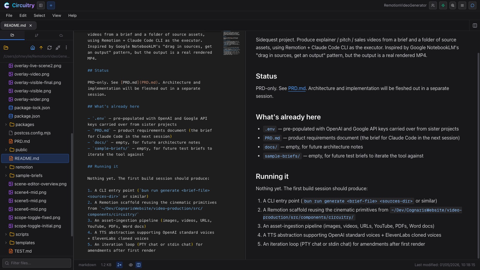 A markdown file in split view — source beside the live rendered preview