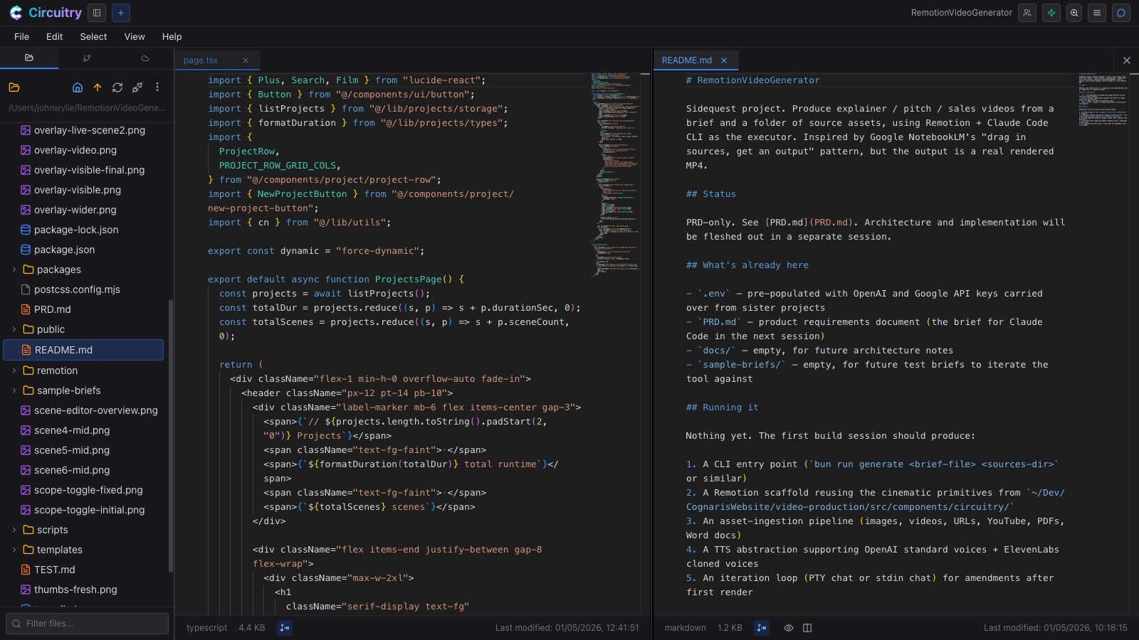 A project open in the Code IDE — the file browser on the left, a TypeScript file and the project README side by side