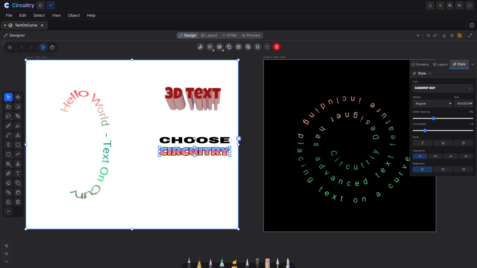 First-class vector editing of type — text on a curve, 3D text, gradient lettering — with the Style palette's advanced font controls open and the selection toolbar above the canvas