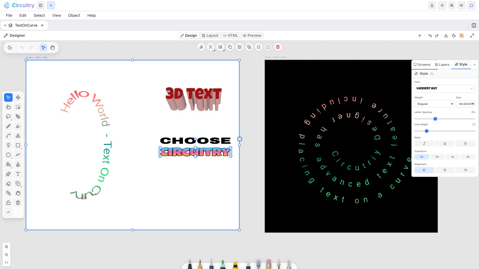 First-class vector editing of type — text on a curve, 3D text, gradient lettering — with the Style palette's advanced font controls open and the selection toolbar above the canvas