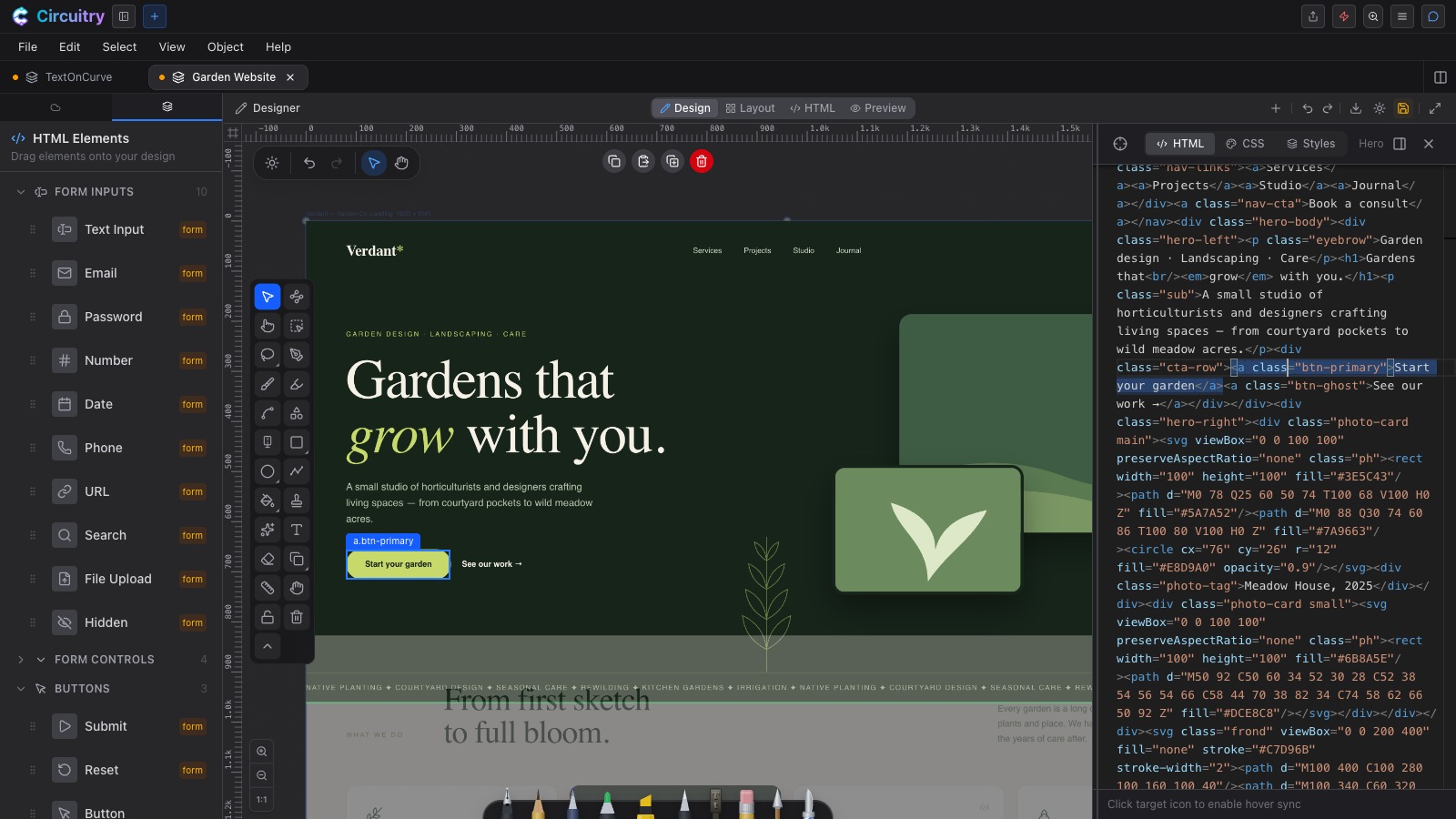 Editing AI-generated HTML in the Designer — an element selected on the rendered page, its source highlighted in the HTML panel, with the drag-in element palette on the left