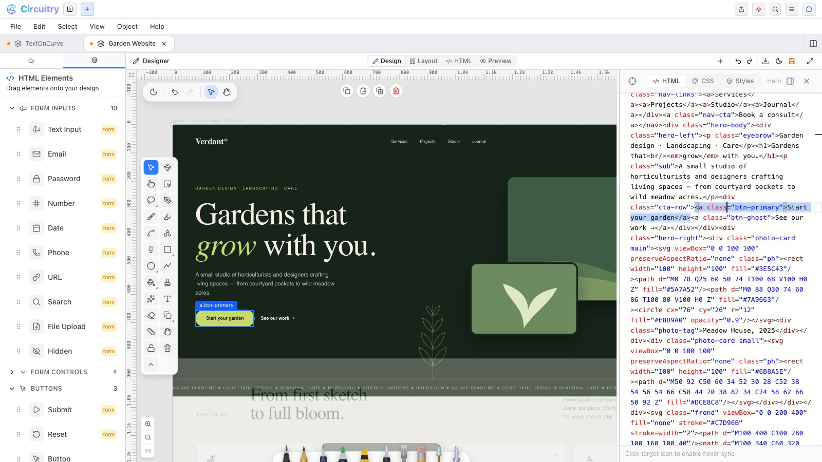 Editing AI-generated HTML in the Designer — an element selected on the rendered page, its source highlighted in the HTML panel, with the drag-in element palette on the left