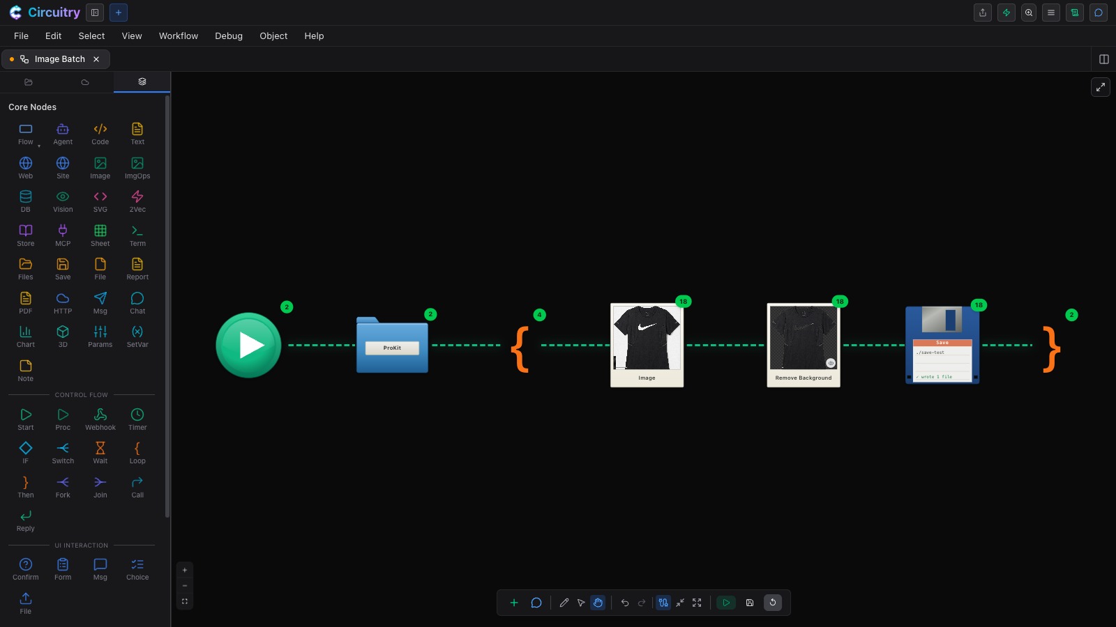An image-batch workflow after a run — Files folder into a loop that displays each image, removes its background with AI, and saves the result, with completion badges on every node