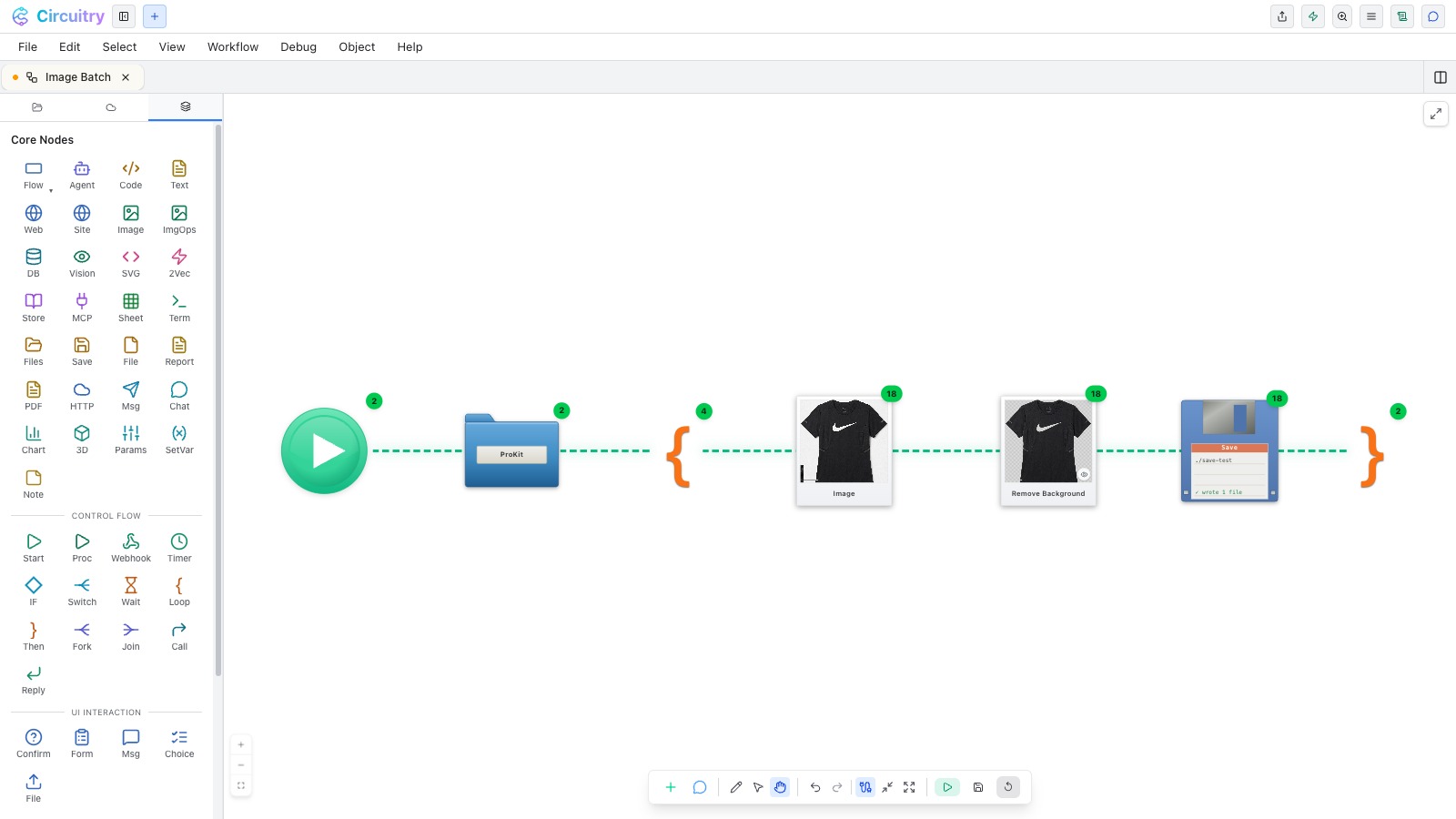 An image-batch workflow after a run — Files folder into a loop that displays each image, removes its background with AI, and saves the result, with completion badges on every node
