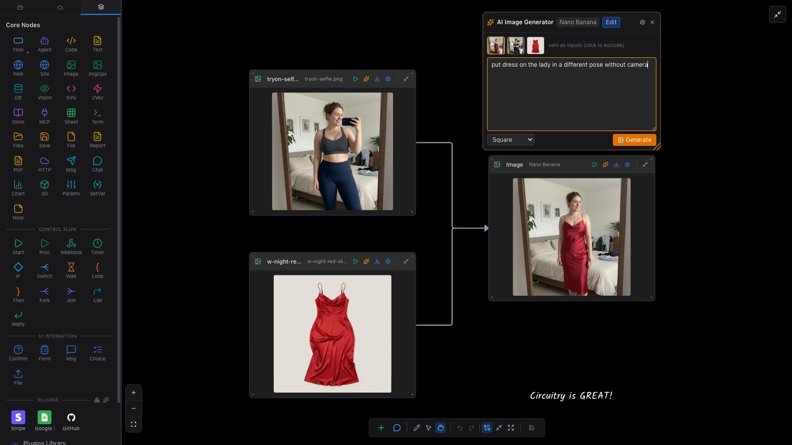 Two image nodes — a selfie and a dress — feeding an image node whose AI wizard composes them from a one-line prompt