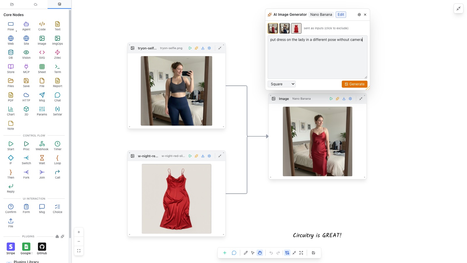 Two image nodes — a selfie and a dress — feeding an image node whose AI wizard composes them from a one-line prompt