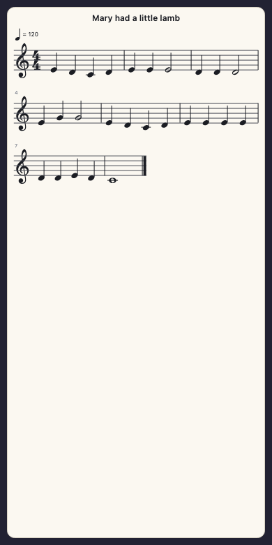 Mary had a little lamb as sheet music, on a phone: three lines of music