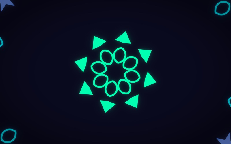 A kaleidoscope pattern on a dark blue picture: a ring of eight pink stars, eight yellow arrows pointing outwards, and yellow and blue shapes repeated round the edge