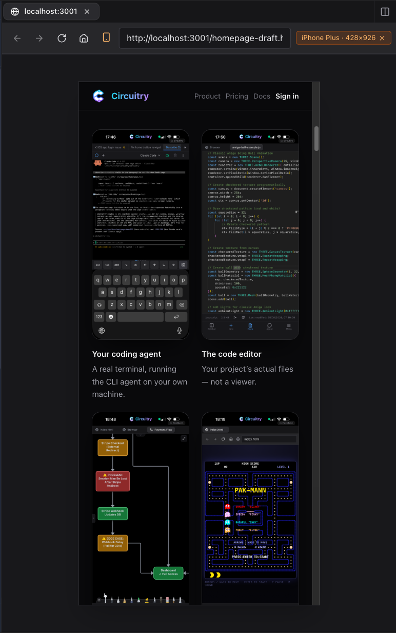 The browser tab pinned to iPhone Plus 428x926, a page re-laid-out inside the frame, the size badge in the address bar