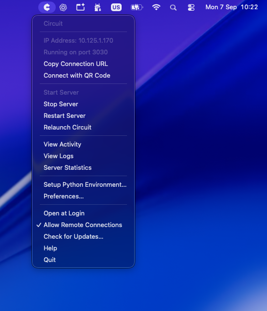 The Circuit menu open from the macOS menu bar: the machine’s address on the network, a Connect with QR Code item, and Open at Login
