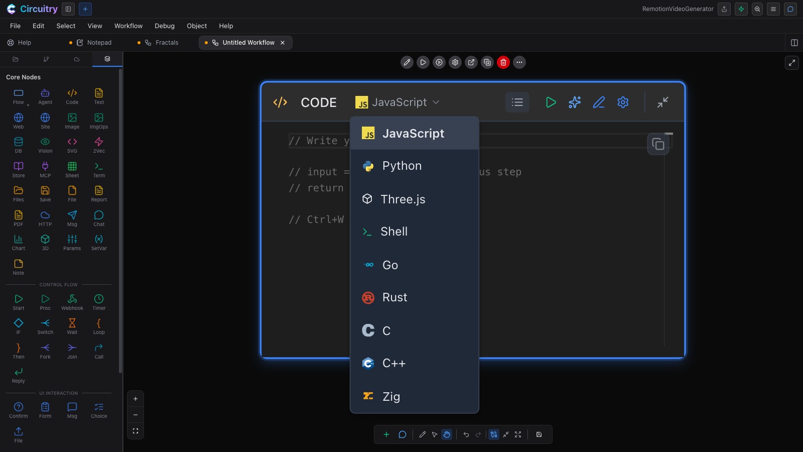 The language menu open on a code step: JavaScript, Python, Three.js, Shell, Go, Rust, C, C++ and Zig