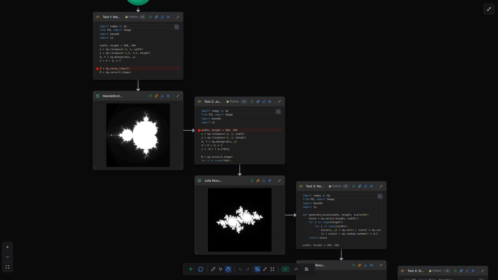 The same Python fractal notebook seen as a graph on the workflow canvas: code steps wired to image outputs