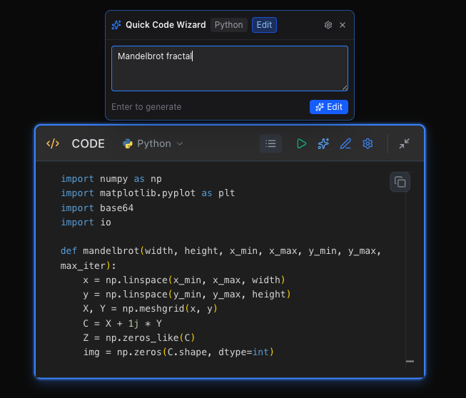 The Quick Code Wizard above a Python code node, with the prompt 'Mandelbrot fractal' typed in and generated NumPy code below
