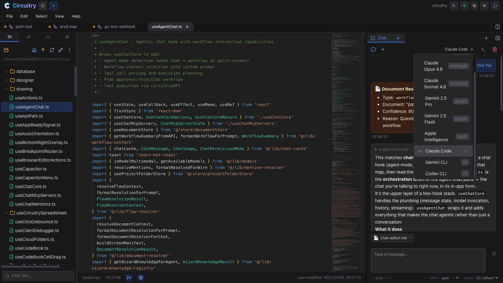The agent chat's model menu open beside a TypeScript file, listing Claude, Gemini, Apple Intelligence and the Claude Code, Gemini CLI and Codex CLI command-line assistants