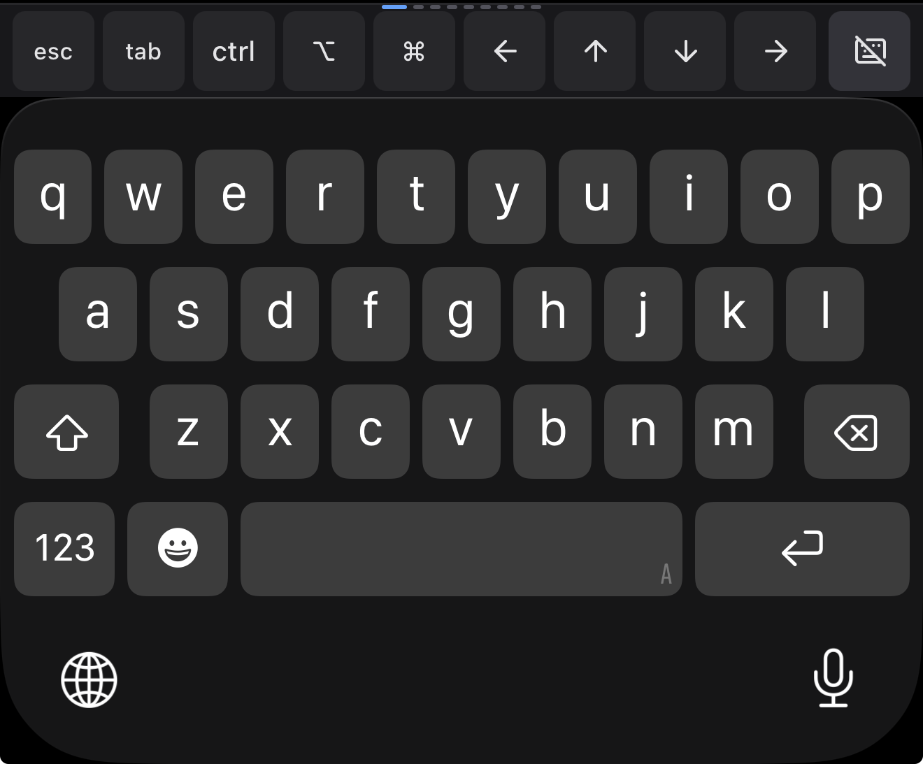 The developer key row above the iOS keyboard: esc, tab, ctrl, option, command and arrows