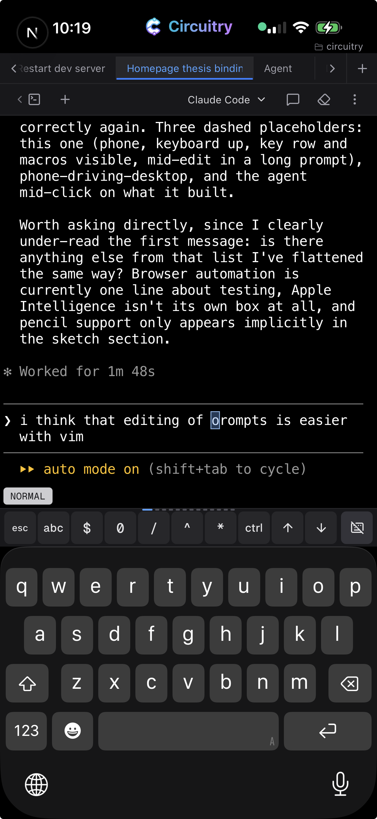 Vim normal mode in a terminal on a phone, the key row above the keyboard