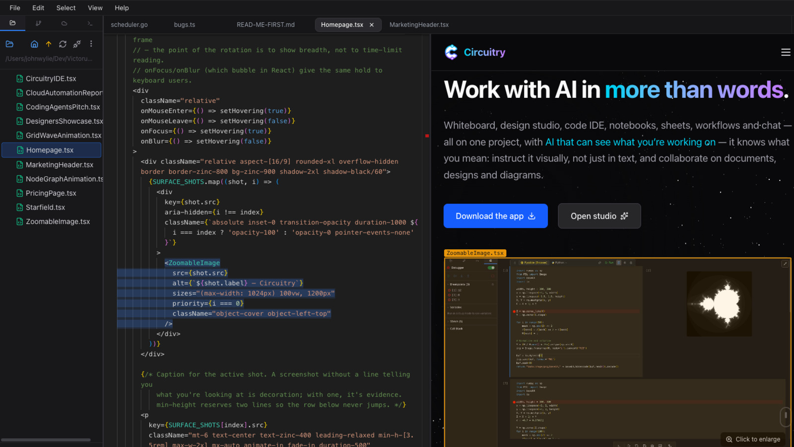 A .tsx file open in the code IDE with the React component rendering live in the right half of the tab, the selected JSX block highlighted and the matching element outlined in the render