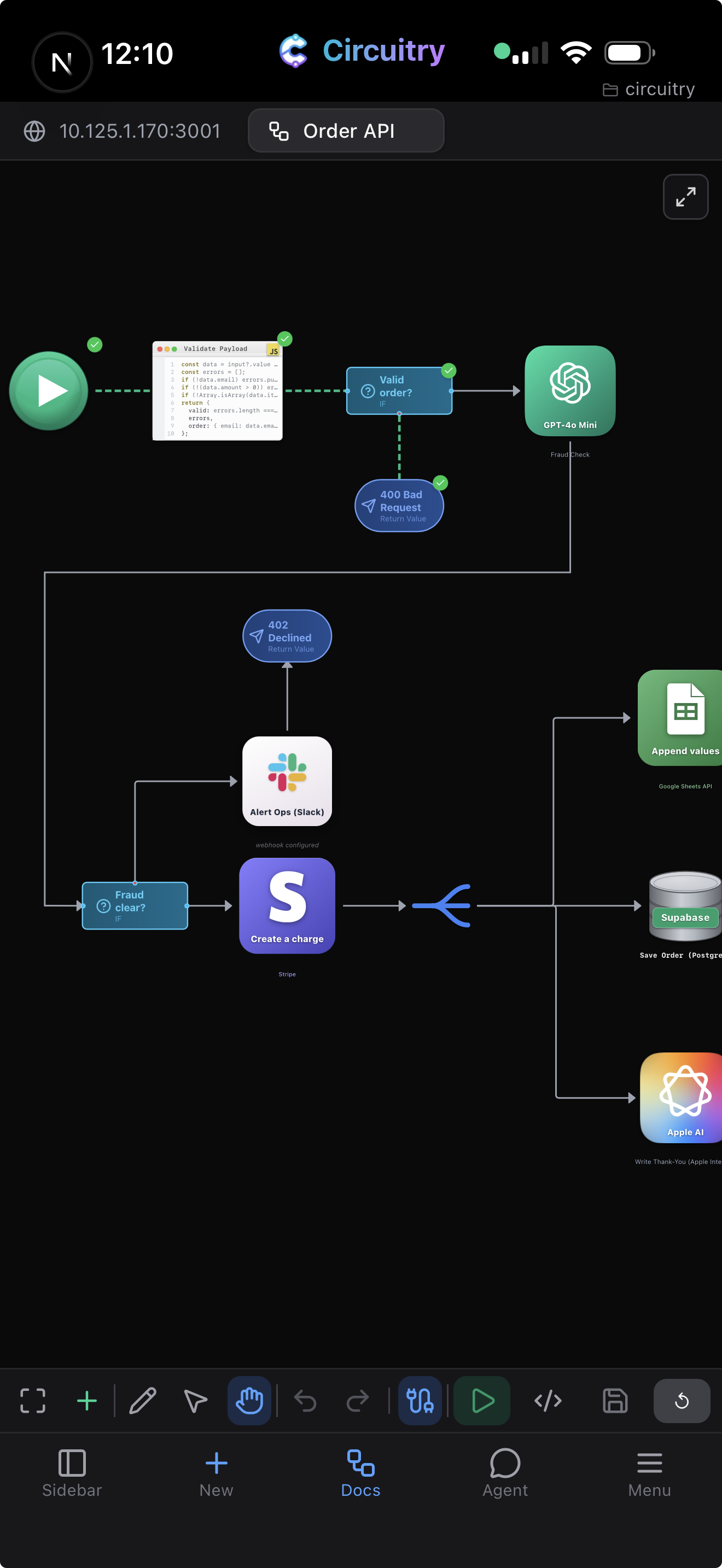 The Order API workflow open on a phone, mid-run: green ticks on the start, validate, IF and return nodes, with the full editing toolbar and a run button along the bottom.
