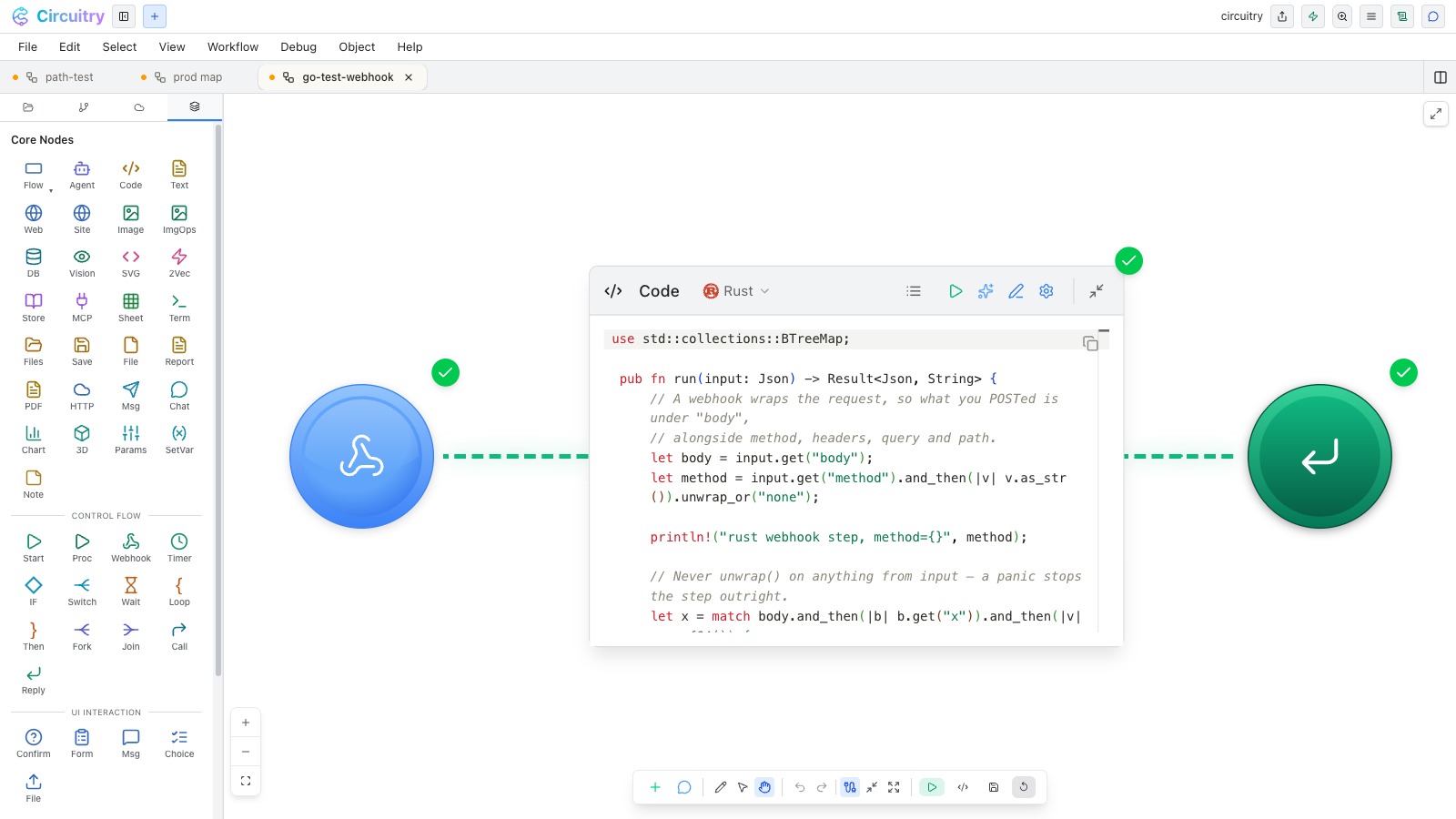 A deployed workflow: a webhook trigger into a Rust code node that reads the request body, into a Reply node, all three showing green completion ticks