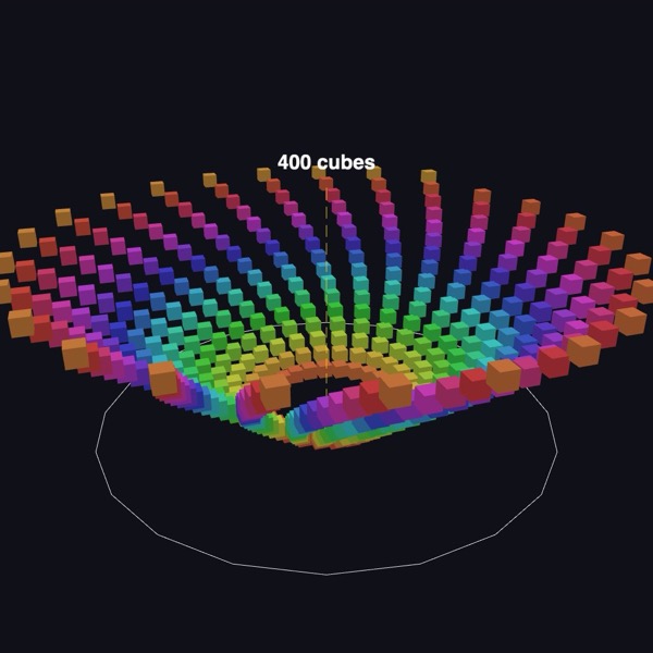 Cube Spiral: 400 cubes in a rainbow spiral, turning.