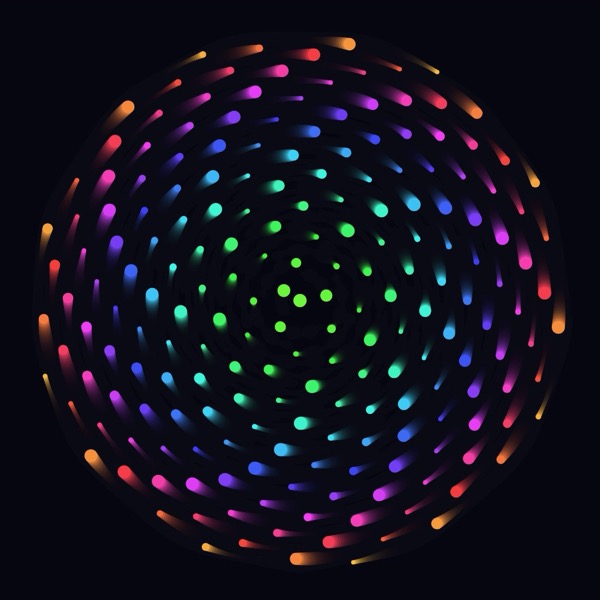 Spiral Garden: 200 coloured dots on the golden angle, turning and leaving trails.