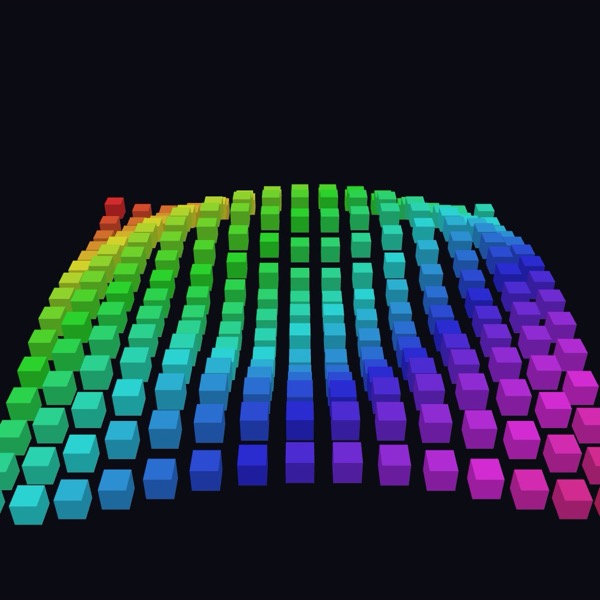 Wave Grid: 225 rainbow cubes rippling out from the centre, like water.